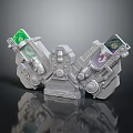 Grey Mechanical Industrial Equipment with Two Arm like Structures Green Purple Screens Gears and Buttons