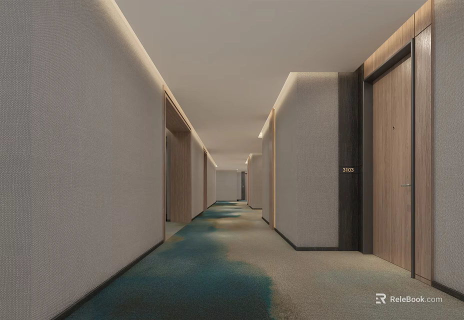 Modern Hotel Corridor With Ambient Lighting Light Colored Walls Wooden Doors And Teal Carpet 3d model 