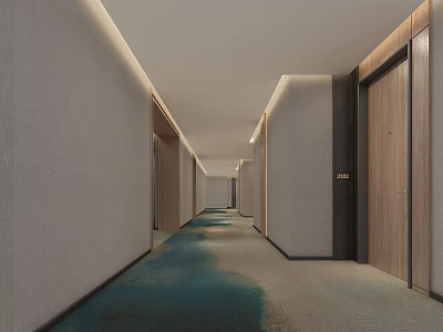 Modern Hotel Corridor With Ambient Lighting Light Colored Walls Wooden Doors And Teal Carpet 3d model