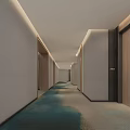 Modern Hotel Corridor With Ambient Lighting Light Colored Walls Wooden Doors And Teal Carpet
