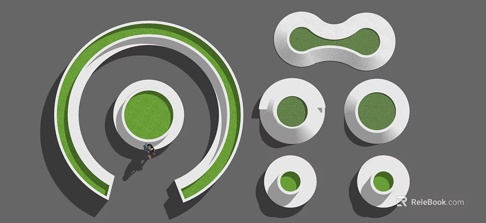 Modern Creative Tree Pits Layout With Curved Loop Circular Shapes Green Grass And White Borders 3d model