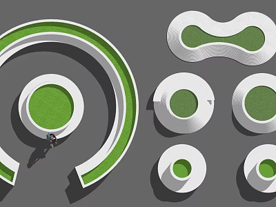 Modern Creative Tree Pits Layout With Curved Loop Circular Shapes Green Grass And White Borders 3d model