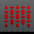 Red Lanterns Display with Various Shapes Round and Diamond Shaped on Black Stands Gray Background