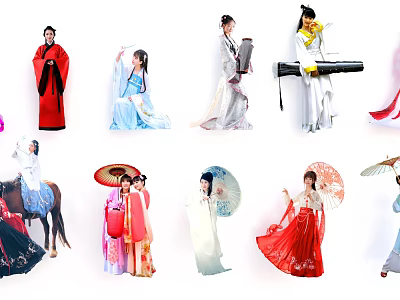 Group Of People In Traditional Ancient Costumes With Umbrellas Musical Instruments And Horse Riding 3d model