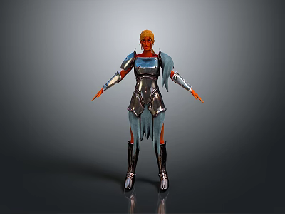 Standing Armored Character With Golden Hair Silver Blue Armor Cape And Metallic Guards 3d model