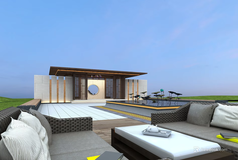 Modern Entrance Gate Design With Wooden Structure And Circular Window In Outdoor Patio 3d model 