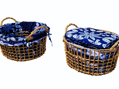Stylish Handwoven Wicker Storage Baskets With Blue Floral Pattern Lids For Home Organization 3d model