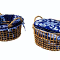 Stylish Handwoven Wicker Storage Baskets With Blue Floral Pattern Lids For Home Organization