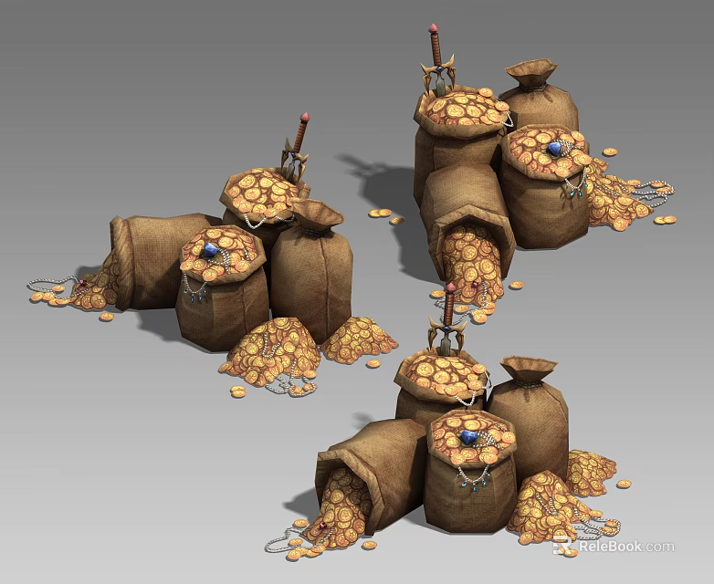 Decorative Garden Landscape With Stacked Sacks And Scattered Gold Coins 3d model 