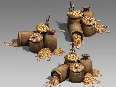 Decorative Garden Landscape With Stacked Sacks And Scattered Gold Coins 3d model