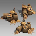 Decorative Garden Landscape With Stacked Sacks And Scattered Gold Coins