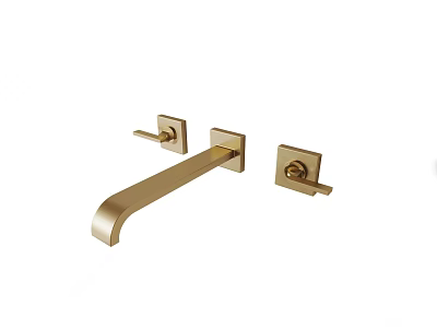 Modern Design Golden Brass Wall Mounted Faucet With Square Bases Long Spout And Knobs 3d model