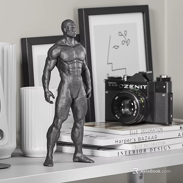 Muscular Male Statue With Vintage Zenit Camera Decorative Books And Picture Frame 3d model 