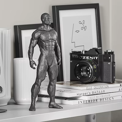 Muscular Male Statue With Vintage Zenit Camera Decorative Books And Picture Frame 3d model