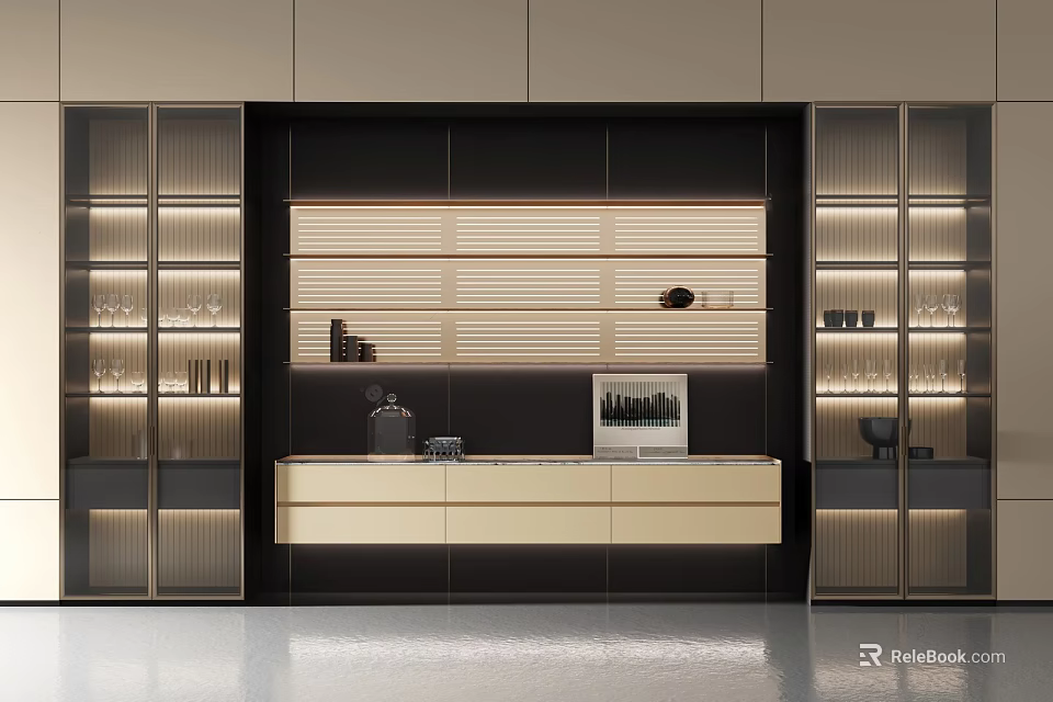 Modern Sideboard Design With LED Lighting Glass Door Cabinets And Slatted Panel 3d model 