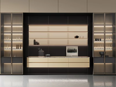 Modern Sideboard Design With LED Lighting Glass Door Cabinets And Slatted Panel 3d model