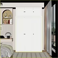 Modern White Wardrobe with Multiple Doors and Built in Shelf with Lighting Near Window