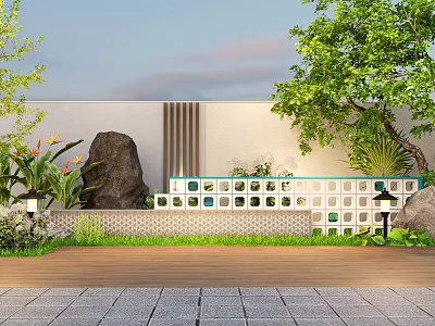 Modern Garden Landscape With White Wall Green Trees Rock Grid Fence And Wooden Deck 3d model
