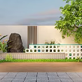 Modern Garden Landscape With White Wall Green Trees Rock Grid Fence And Wooden Deck