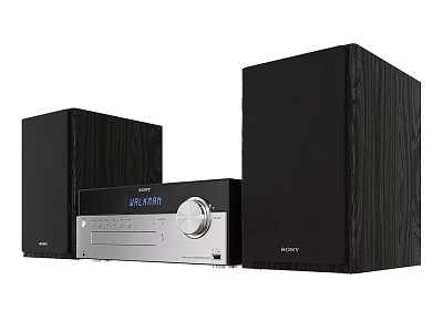 Sony Audio System With Wooden Speakers Silver Receiver Display And Control Knobs 3d model
