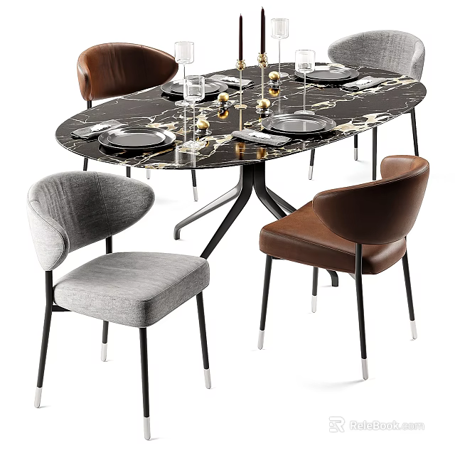 Modern Dining Table And Chairs Set With Marble Top Leather Fabric Chairs Metal Frame Stylish Design 3d model 