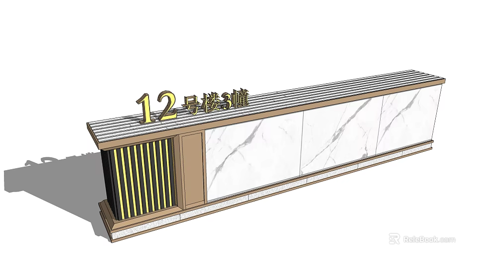Modern Building Sign Feature Wall With Golden Number 12 Marble Panels And Vertical Strips 3d model 