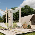 Outdoor Garden Landscape With Glamping Tent Lounge Chairs String Lights Sheer Curtains And Green Plants