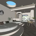 Modern Bedroom Interior Featuring Round Bed Skylight Moon Decor Plants And TV