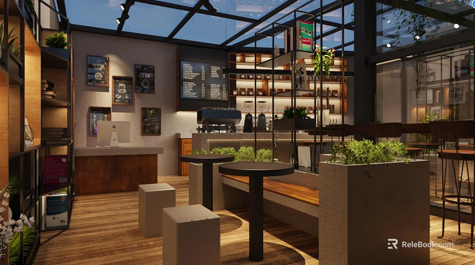 Modern Café Interior With Glass Roof Wooden Flooring Green Plants And Counter 3d model 