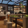 Modern Café Interior With Glass Roof Wooden Flooring Green Plants And Counter