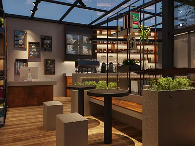 Modern Café Interior With Glass Roof Wooden Flooring Green Plants And Counter 3d model