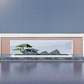 Chinese Style Feature Wall with Pine Tree Rock Formations and Calligraphy Design 3d model