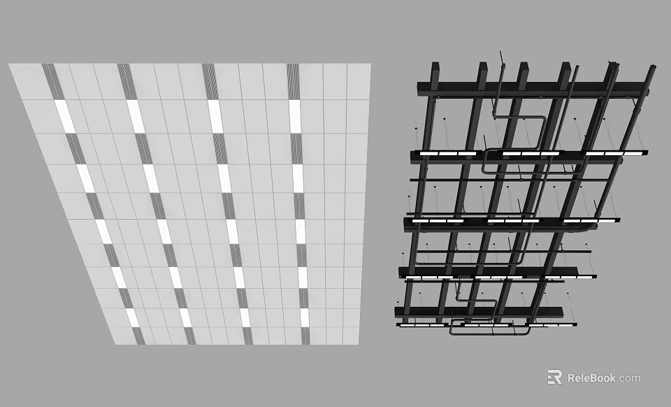 Modern Ceiling Design With Grid Pattern Recessed Lights And Framework Structure 3d model 