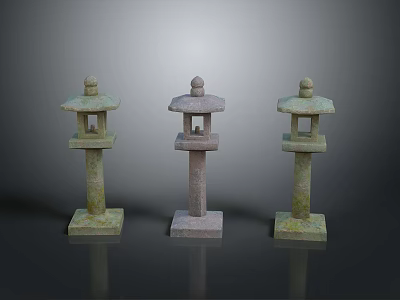 Three Stone Lanterns With Mossy Green And Light Stone Bases And Rounded Tops 3d model