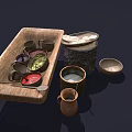 Traditional Kitchen Utensils Including Wooden Basin Clay Jar and Stone Mortar