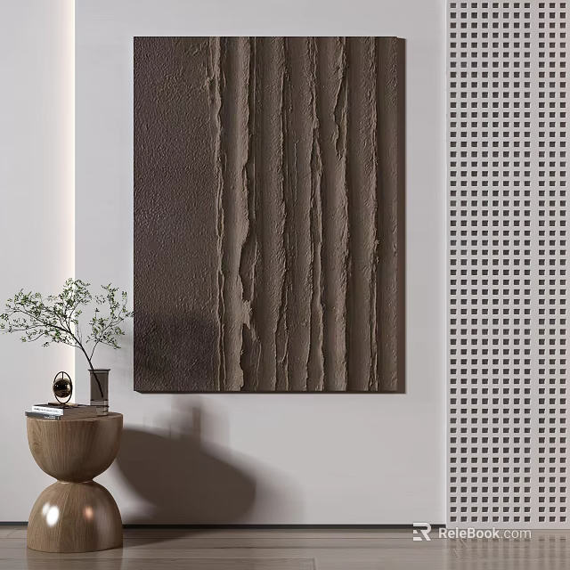 Interior Decor With Textured Wall Art Hollow Out Panel Wooden Table Small Green Plant Ornament 3d model 