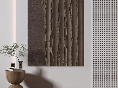 Interior Decor With Textured Wall Art Hollow Out Panel Wooden Table Small Green Plant Ornament 3d model