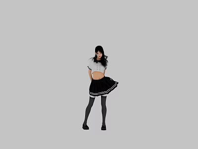 Woman With Long Black Hair Wearing White Top Black Skirt Black Tights And Black Shoes 3d model