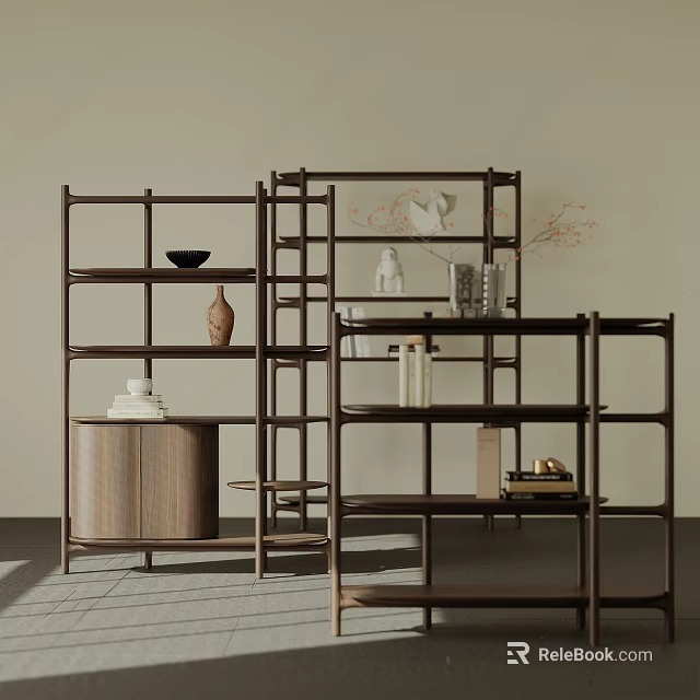 Modern Wooden Etagere Design With Multiple Shelves Displaying Vases Bowls And Decorative Books 3d model 