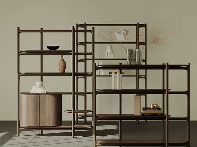 Modern Wooden Etagere Design With Multiple Shelves Displaying Vases Bowls And Decorative Books 3d model