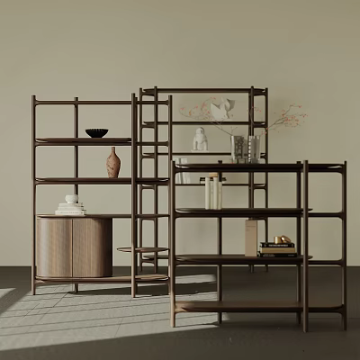 Modern Wooden Etagere Design With Multiple Shelves Displaying Vases Bowls And Decorative Books 3d model