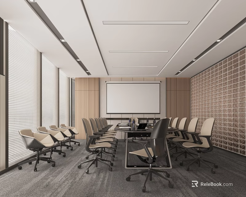 Modern Conference Room With Long Conference Table Office Chairs Projection Screen And Window Blinds 3d model 