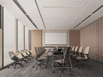 Modern Conference Room With Long Conference Table Office Chairs Projection Screen And Window Blinds 3d model
