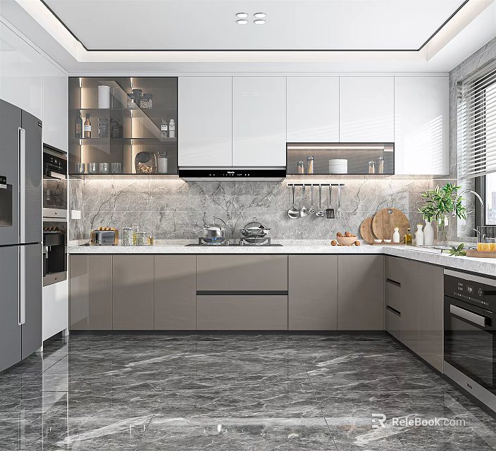 Modern Kitchen Interior With White Cabinets Gray Countertop And Appliances 3d model 