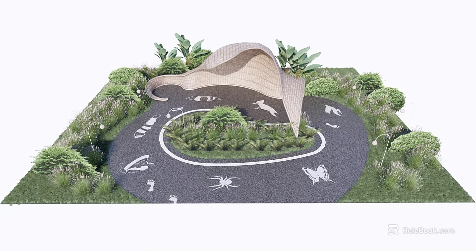 Curved Garden Pergola With Circular Path Green Plants And Decorative Patterns 3d model 