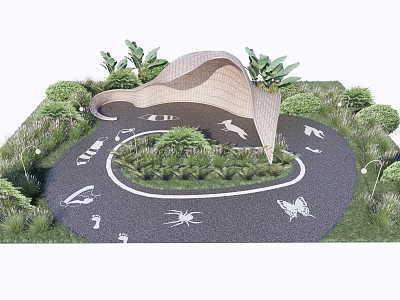 Curved Garden Pergola With Circular Path Green Plants And Decorative Patterns 3d model