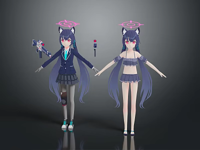 Two Anime Game Characters with Cat Ears Long Purple Hair School Uniform and Bikini 3d model