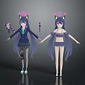 Two Anime Game Characters with Cat Ears Long Purple Hair School Uniform and Bikini
