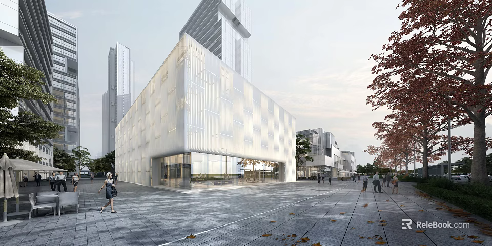 Modern Sales Office Building With Glass Facade And Urban Plaza Area 3d model 