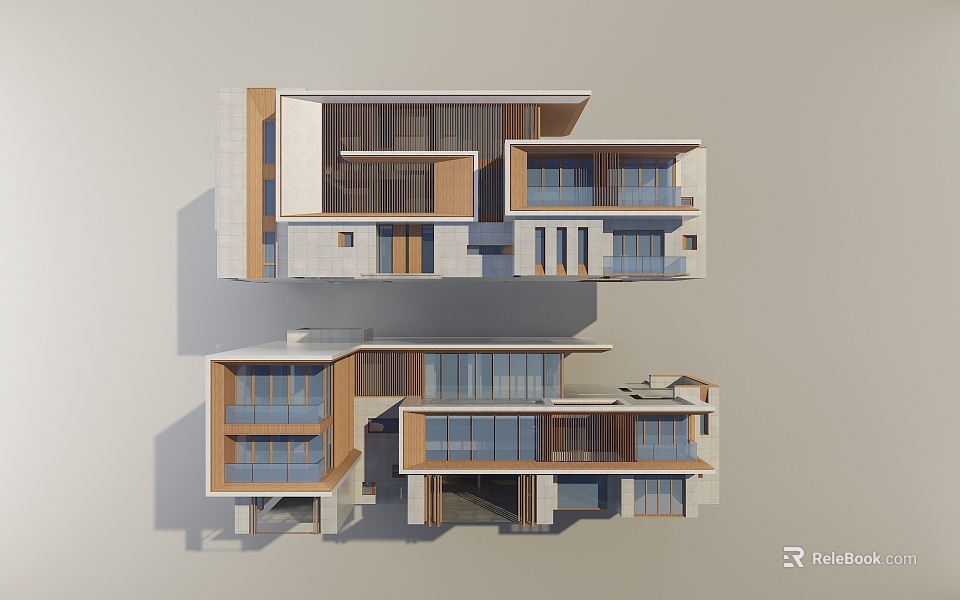 Modern Detached Villa with Multiple Floors Large Glass Windows and Wooden Accents 3d model 